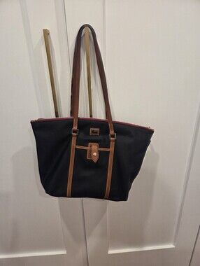 Like New Dooney & Bourke Black Tote with Brown Trim and Red Zipper Accent